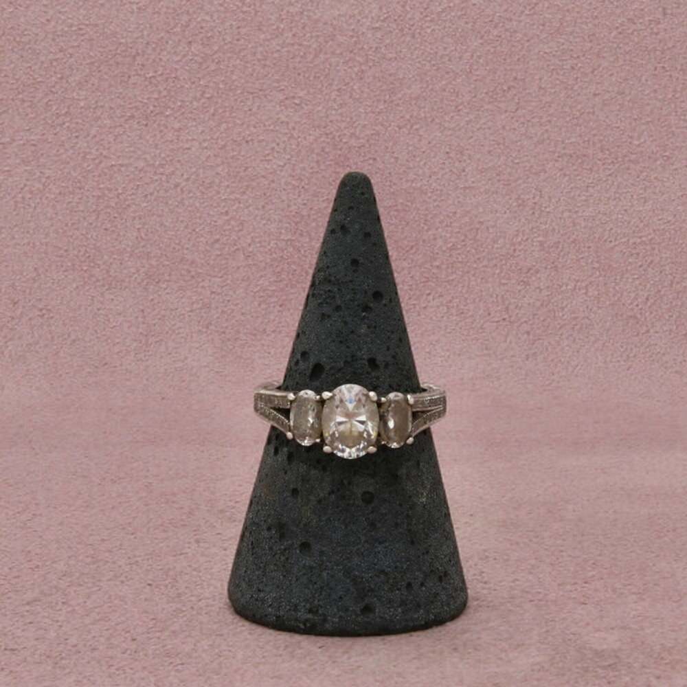 Sterling Silver C Z Three Stone Oval-Cut Accented Shoulders Ring Size 7
